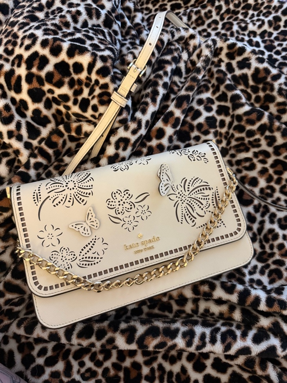 kate spade Cream Laser-Cut Floral & Butterfly Crossbody with Gold Chain